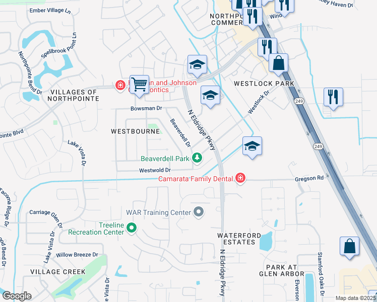 map of restaurants, bars, coffee shops, grocery stores, and more near 18107 Beaverdell Drive in Tomball