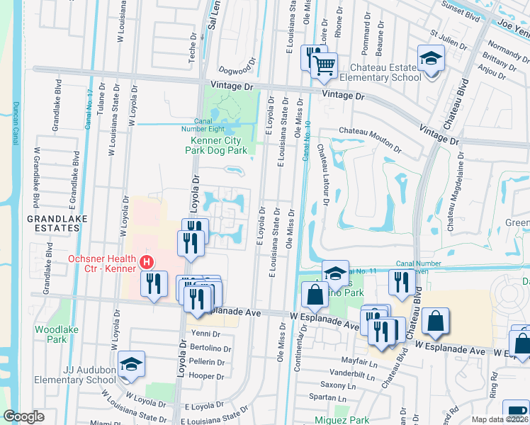 map of restaurants, bars, coffee shops, grocery stores, and more near 3701 East Louisiana State Drive in Kenner