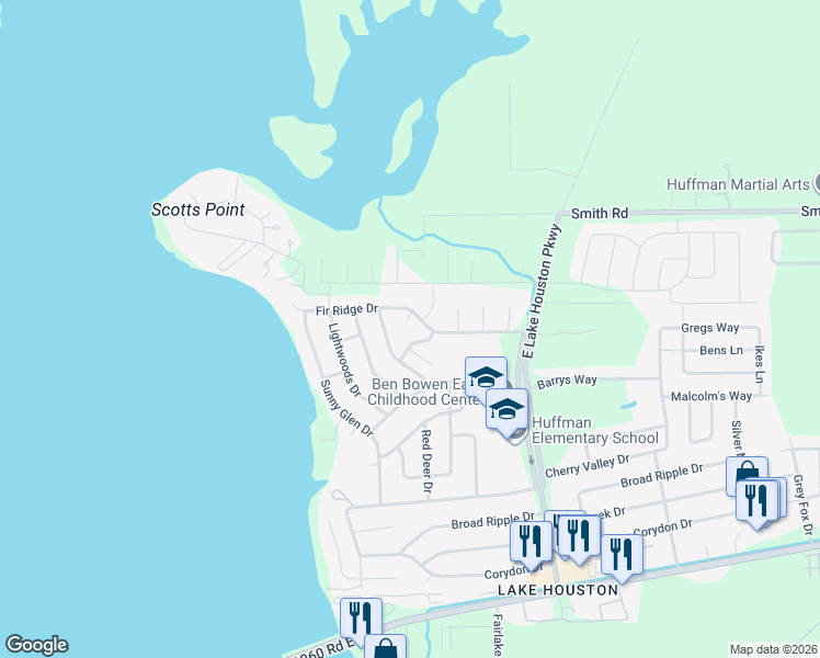 map of restaurants, bars, coffee shops, grocery stores, and more near 326 Fir Ridge Drive in Huffman