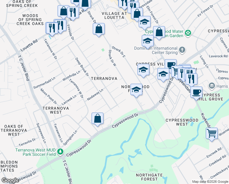map of restaurants, bars, coffee shops, grocery stores, and more near 5203 Glenmere Lane in Spring