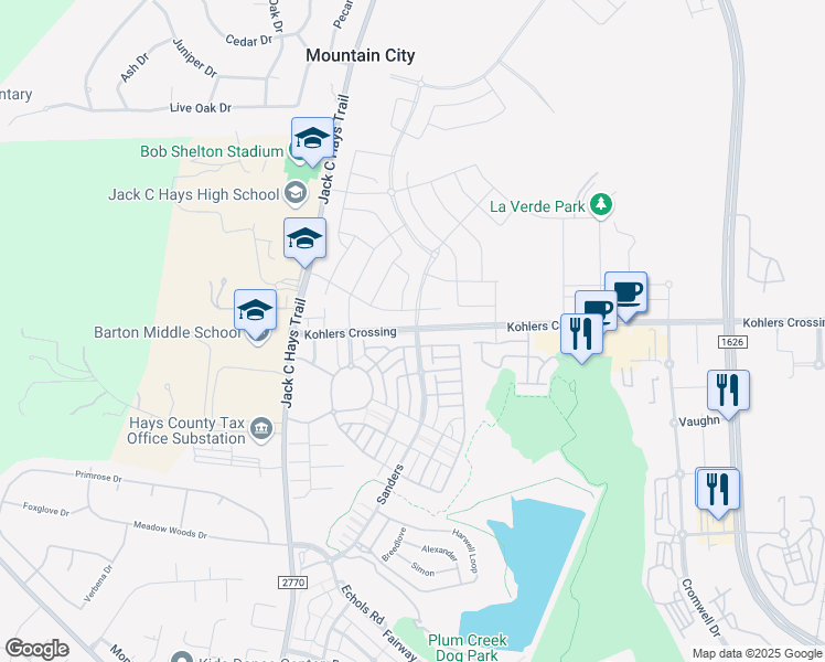 map of restaurants, bars, coffee shops, grocery stores, and more near 1200 Kohlers Crossing in Kyle