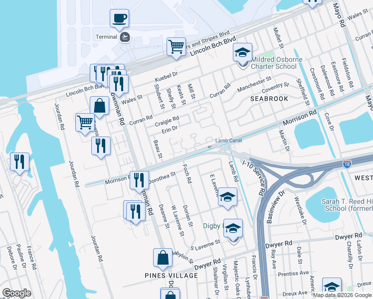 map of restaurants, bars, coffee shops, grocery stores, and more near 6209 Bridgehampton Drive in New Orleans