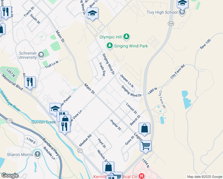 map of restaurants, bars, coffee shops, grocery stores, and more near 109 Amelia Court in Kerrville