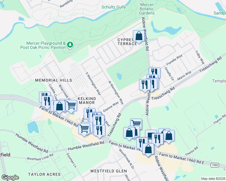 map of restaurants, bars, coffee shops, grocery stores, and more near 2459 Peterborough Way in Houston