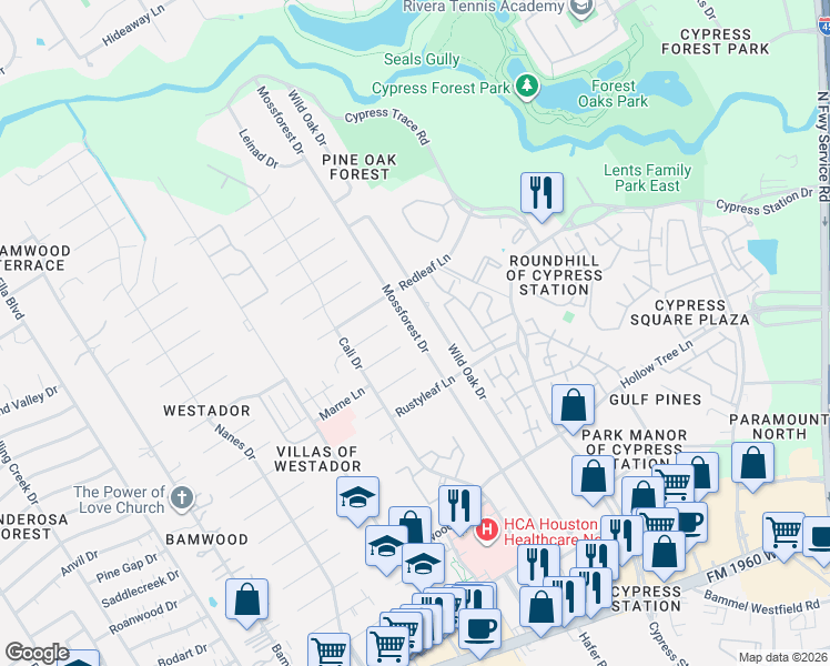 map of restaurants, bars, coffee shops, grocery stores, and more near 17907 Wild Oak Drive in Houston