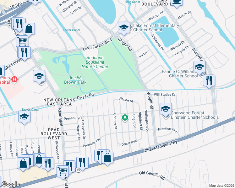 map of restaurants, bars, coffee shops, grocery stores, and more near 10720 Dwyer Road in New Orleans