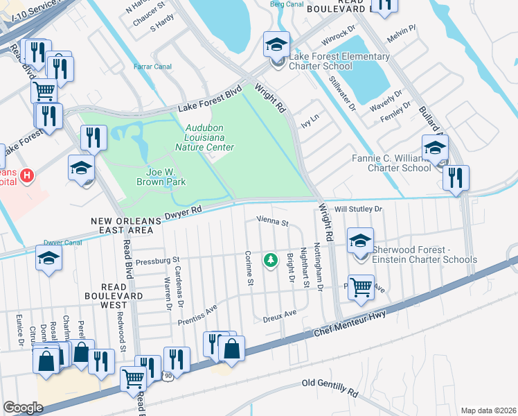 map of restaurants, bars, coffee shops, grocery stores, and more near 10720 Dwyer Road in New Orleans