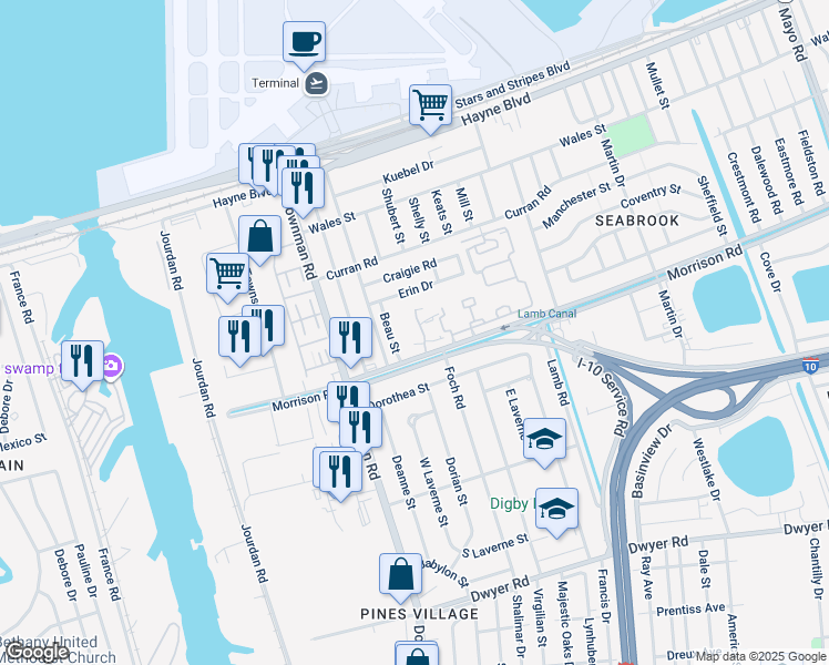 map of restaurants, bars, coffee shops, grocery stores, and more near 1320 Chimney Wood Lane in New Orleans