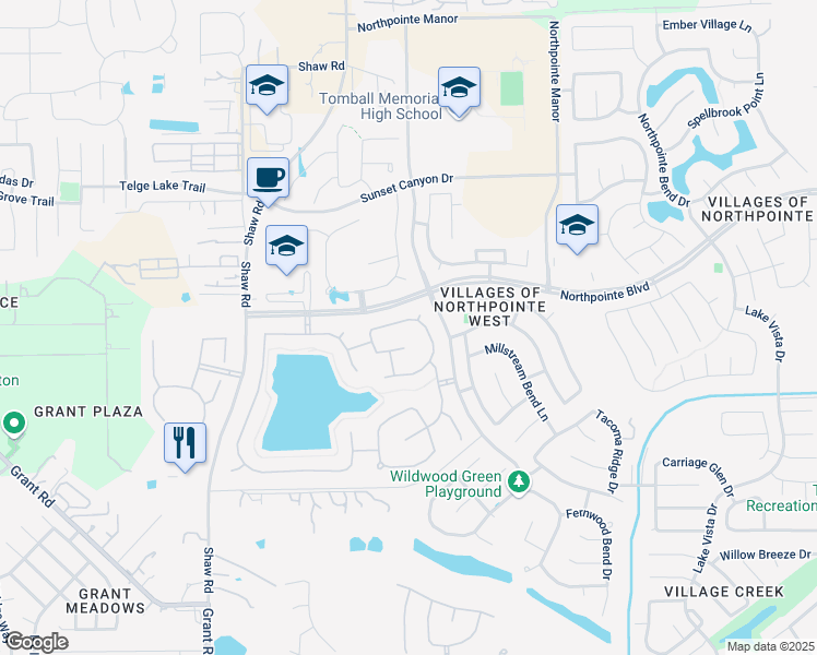 map of restaurants, bars, coffee shops, grocery stores, and more near 13410 Ambler Springs Drive in Tomball