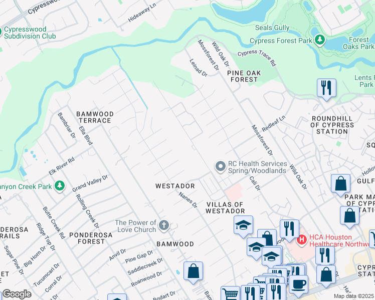 map of restaurants, bars, coffee shops, grocery stores, and more near 17705 Red Oak Drive in Houston