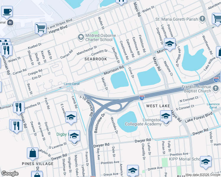 map of restaurants, bars, coffee shops, grocery stores, and more near 7001 Martin Drive in New Orleans