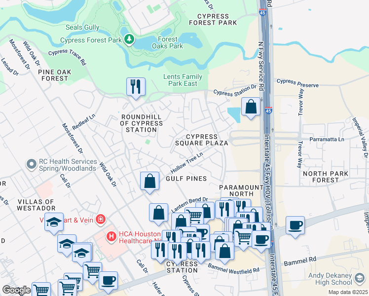 map of restaurants, bars, coffee shops, grocery stores, and more near 200 Hollow Tree Lane in Houston