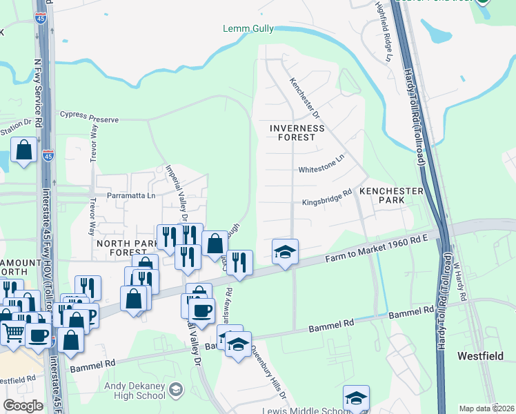 map of restaurants, bars, coffee shops, grocery stores, and more near 903 Kingsbridge Road in Houston