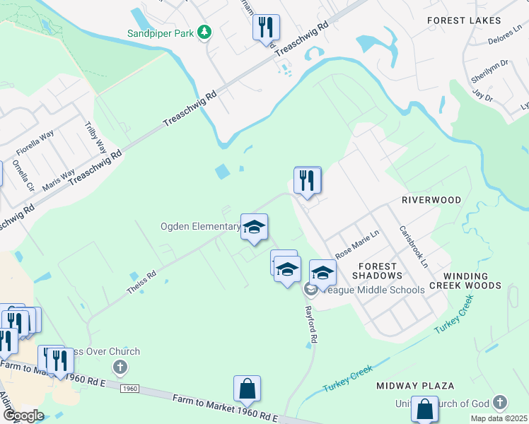 map of restaurants, bars, coffee shops, grocery stores, and more near 4403 Theiss Road in Humble