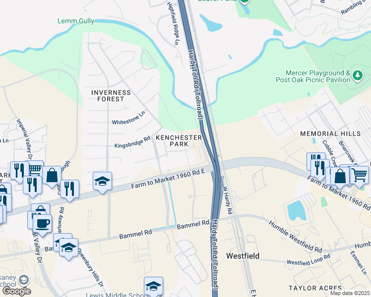 map of restaurants, bars, coffee shops, grocery stores, and more near 21717 Inverness Forest Boulevard in Houston