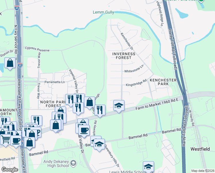 map of restaurants, bars, coffee shops, grocery stores, and more near 903 Kingsbridge Road in Houston
