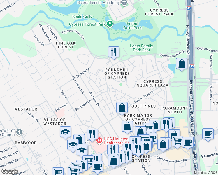 map of restaurants, bars, coffee shops, grocery stores, and more near 766 Cypress Station Drive in Houston