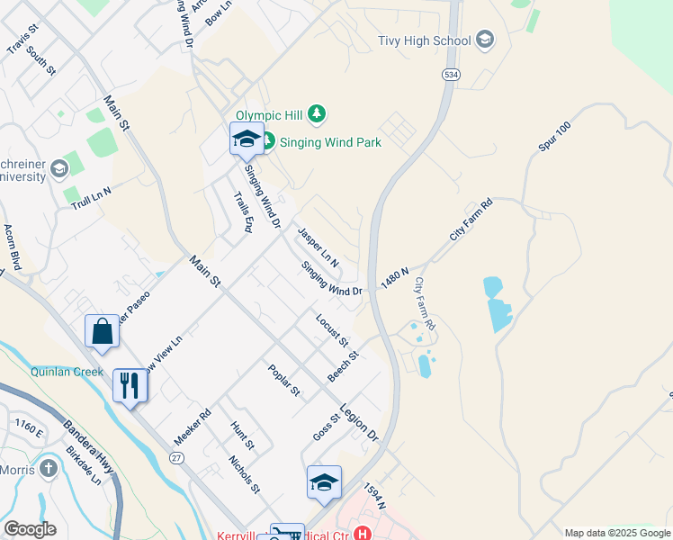 map of restaurants, bars, coffee shops, grocery stores, and more near 149 Jasper Lane North in Kerrville