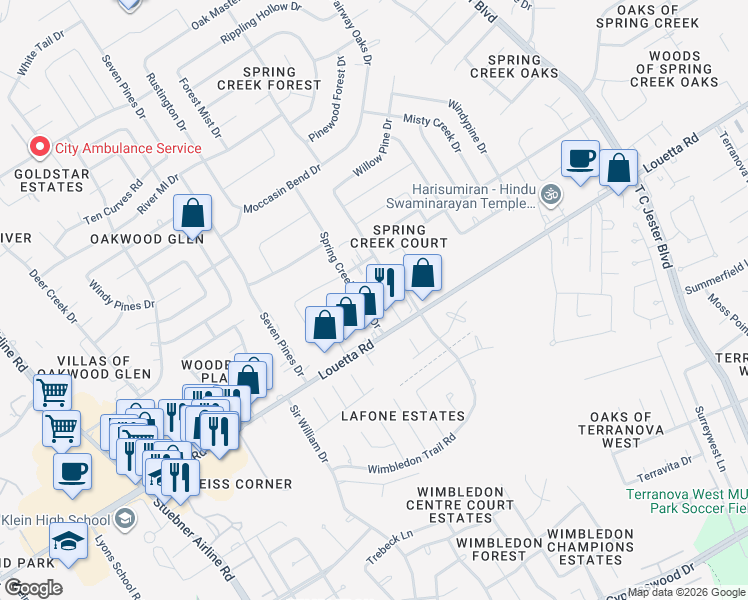 map of restaurants, bars, coffee shops, grocery stores, and more near 6502 Spring Leaf Drive in Spring