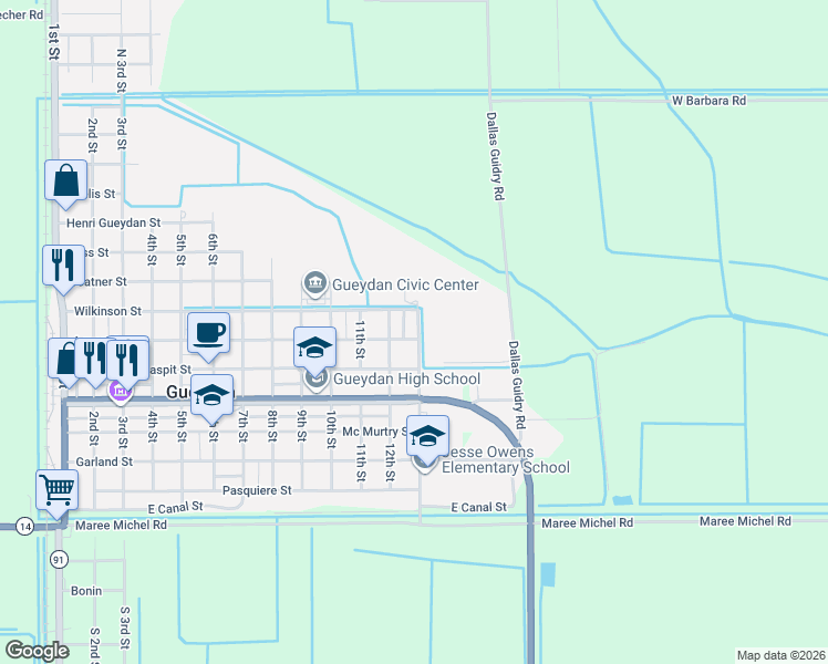 map of restaurants, bars, coffee shops, grocery stores, and more near Wilkinson Street in Gueydan