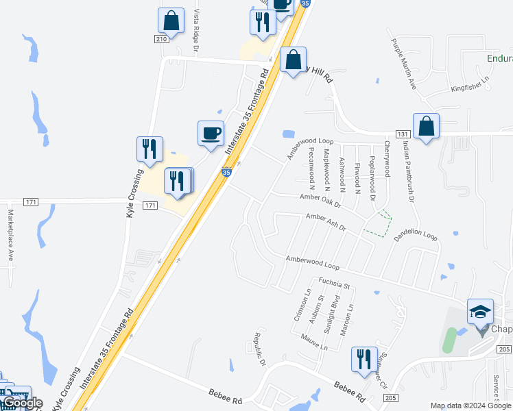map of restaurants, bars, coffee shops, grocery stores, and more near 1577 Amberwood Loop in Kyle