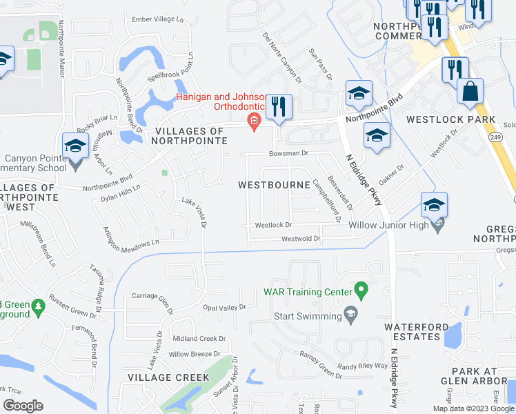 map of restaurants, bars, coffee shops, grocery stores, and more near 18123 Gravenhurst Lane in Tomball