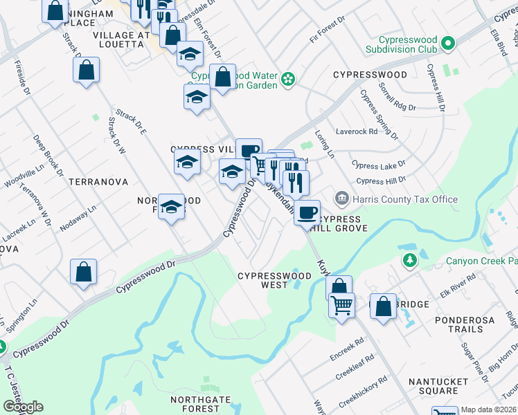 map of restaurants, bars, coffee shops, grocery stores, and more near 4603 Cypresswood Drive in Spring