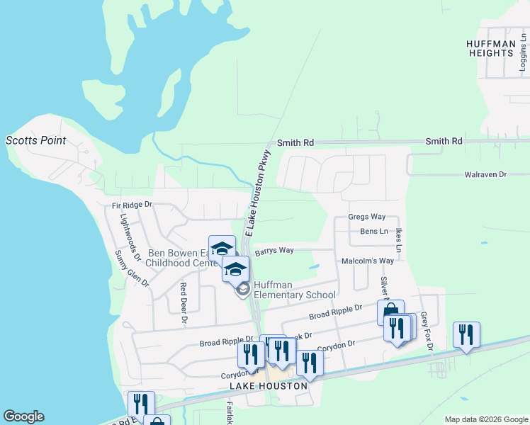 map of restaurants, bars, coffee shops, grocery stores, and more near 1309 East Lake Houston Parkway in Huffman