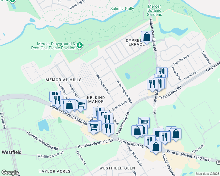 map of restaurants, bars, coffee shops, grocery stores, and more near 2411 High Island Way in Houston