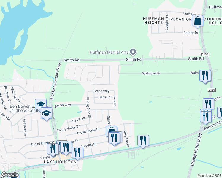 map of restaurants, bars, coffee shops, grocery stores, and more near 943 Gregs Way in Huffman