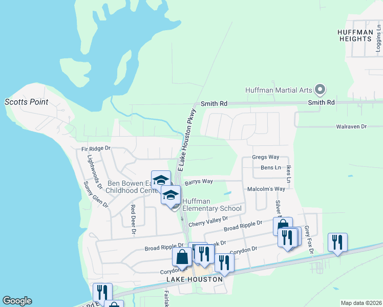 map of restaurants, bars, coffee shops, grocery stores, and more near 1309 East Lake Houston Parkway in Huffman