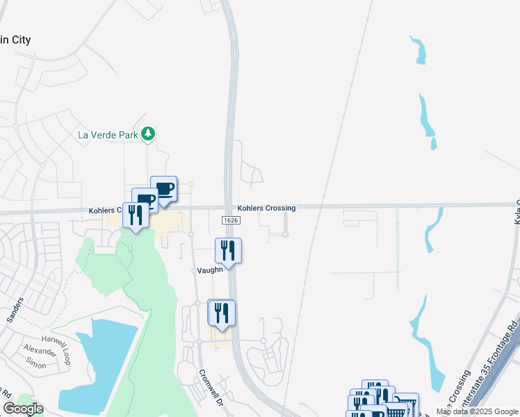 map of restaurants, bars, coffee shops, grocery stores, and more near Kohlers Crossing in Kyle