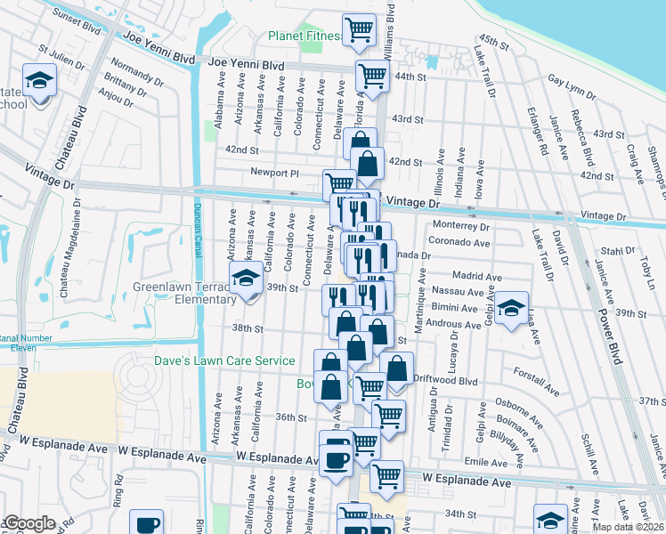 map of restaurants, bars, coffee shops, grocery stores, and more near 1919 40th Street in Kenner