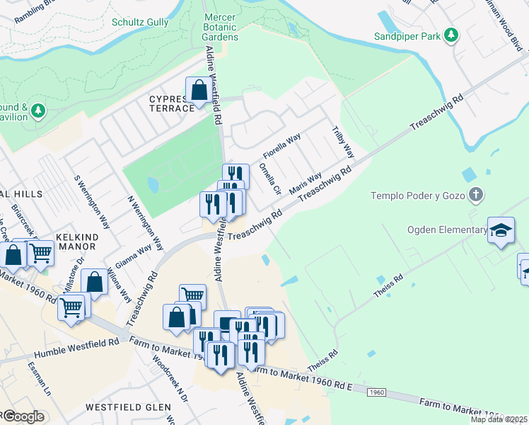 map of restaurants, bars, coffee shops, grocery stores, and more near 3306 Maris Way in Humble