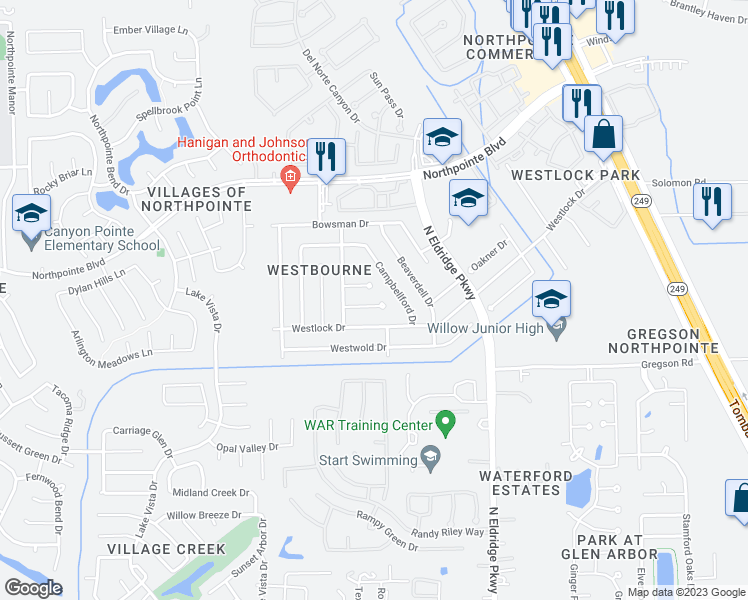map of restaurants, bars, coffee shops, grocery stores, and more near 12222 Cardston Court in Tomball