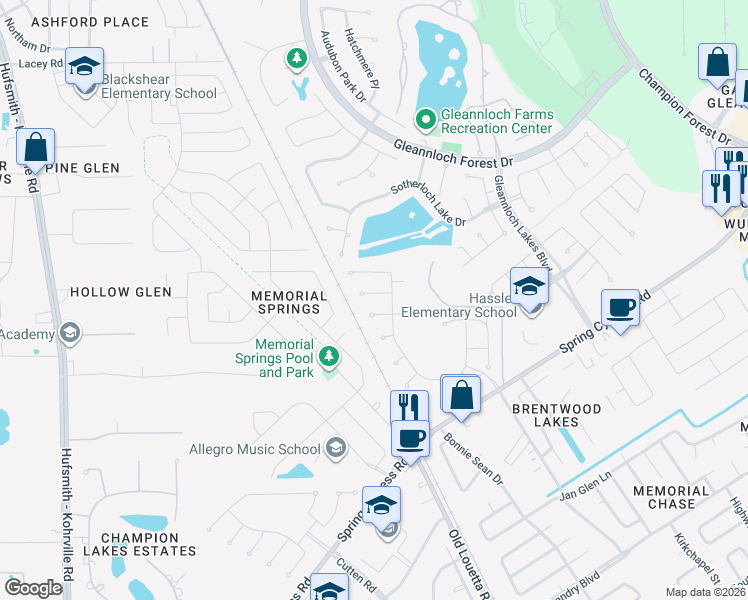 map of restaurants, bars, coffee shops, grocery stores, and more near 9719 Hazel Fern Court in Spring