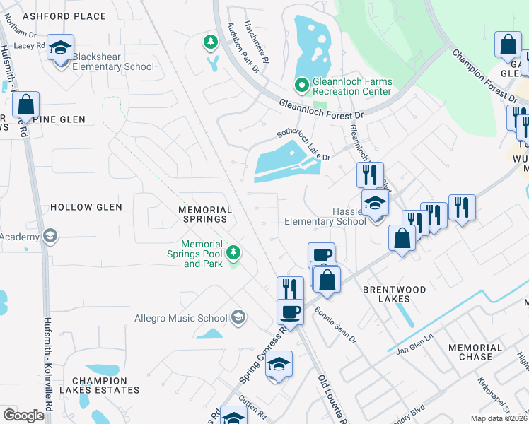 map of restaurants, bars, coffee shops, grocery stores, and more near 9719 Hazel Fern Court in Spring
