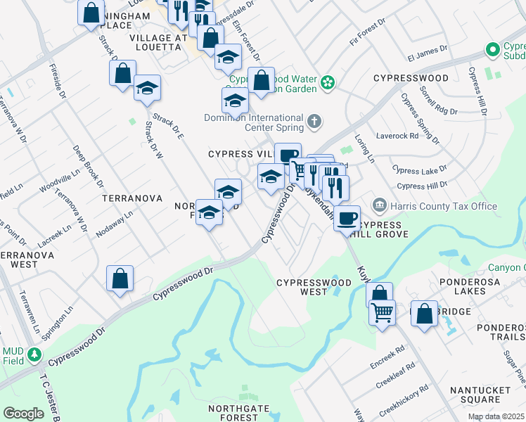 map of restaurants, bars, coffee shops, grocery stores, and more near 4604 Cypresswood Drive in Spring