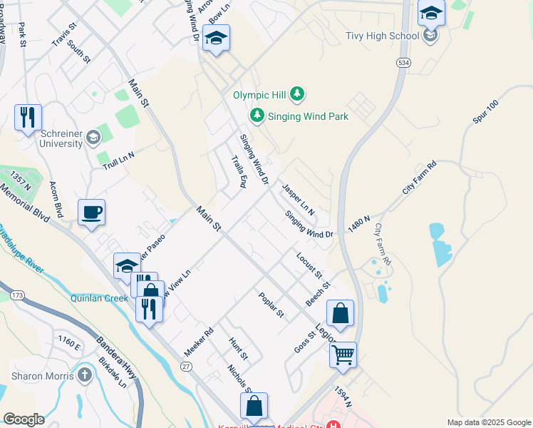 map of restaurants, bars, coffee shops, grocery stores, and more near 109 Amelia Court in Kerrville