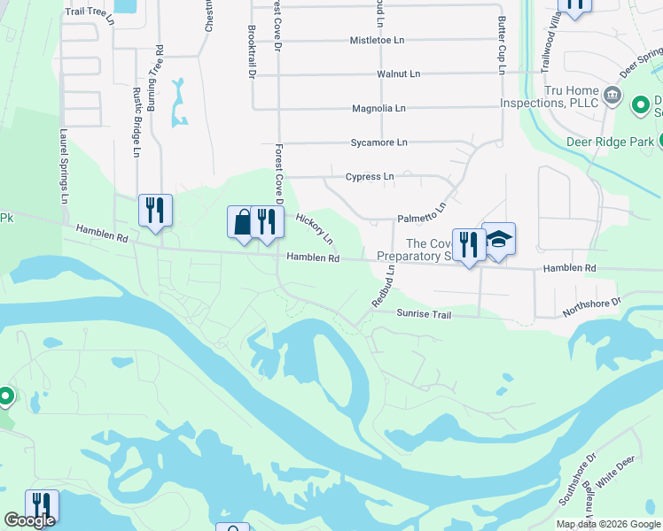 map of restaurants, bars, coffee shops, grocery stores, and more near 1310 Hamblen Road in Humble
