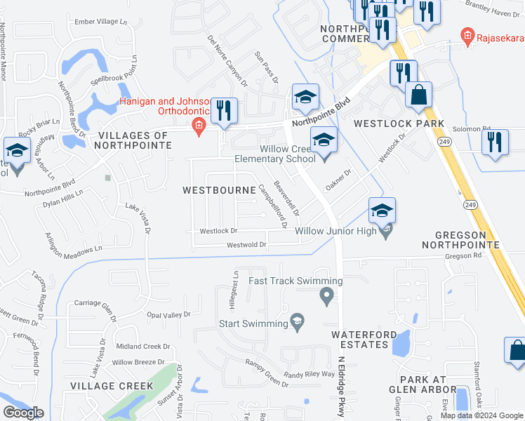 map of restaurants, bars, coffee shops, grocery stores, and more near 12214 Cardston Court in Tomball
