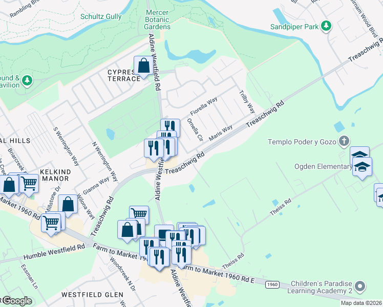 map of restaurants, bars, coffee shops, grocery stores, and more near 21530 Micheala Way in Humble