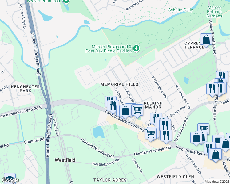 map of restaurants, bars, coffee shops, grocery stores, and more near 1922 Cobble Creek Drive in Houston