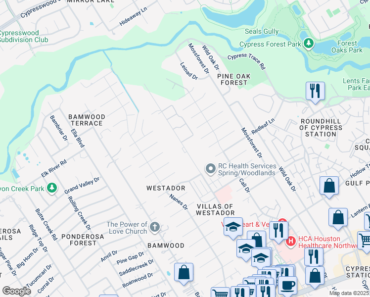 map of restaurants, bars, coffee shops, grocery stores, and more near 17711 Red Oak Drive in Houston