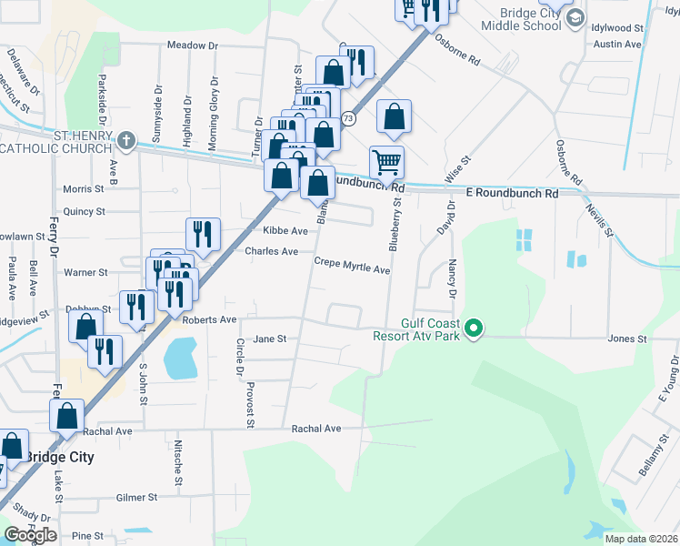 map of restaurants, bars, coffee shops, grocery stores, and more near 180 Crepe Myrtle Avenue in Bridge City