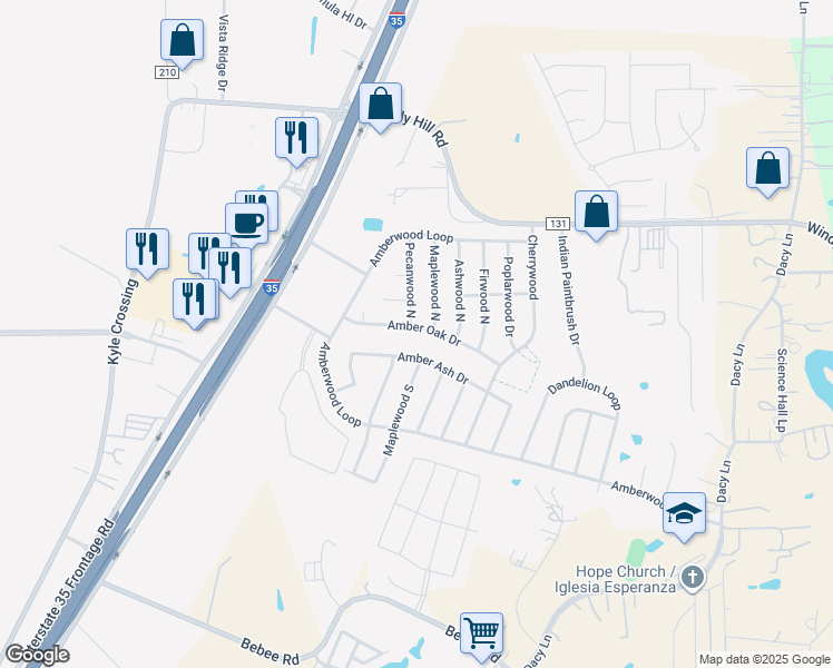 map of restaurants, bars, coffee shops, grocery stores, and more near 178 Amber Oak Drive in Kyle