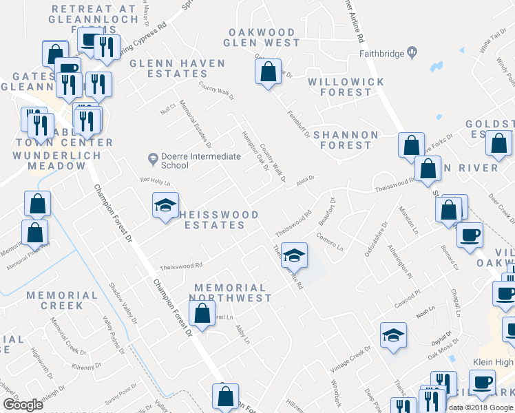 map of restaurants, bars, coffee shops, grocery stores, and more near 17814 Theiss Mail Route Road in Spring