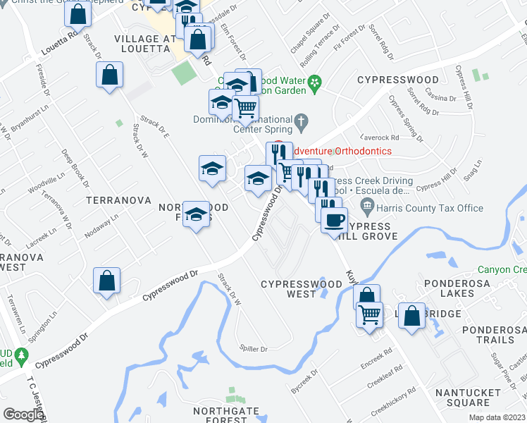 map of restaurants, bars, coffee shops, grocery stores, and more near 4602 Cypresswood Drive in Spring