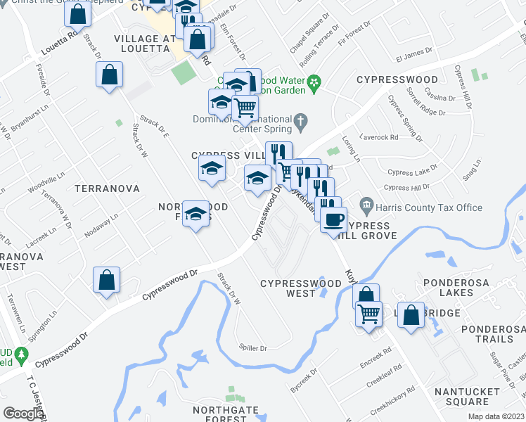map of restaurants, bars, coffee shops, grocery stores, and more near 4600 Cypresswood Drive in Spring