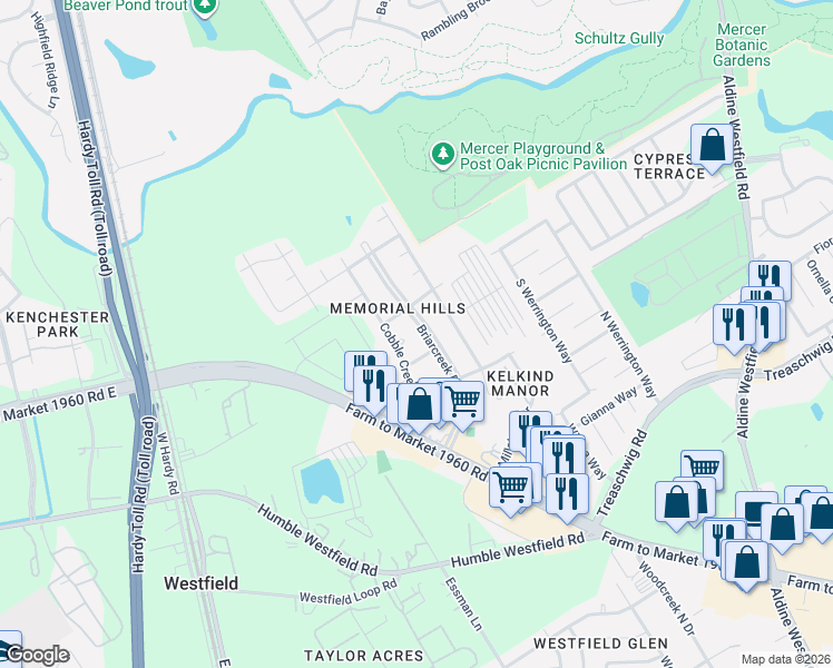 map of restaurants, bars, coffee shops, grocery stores, and more near 2002 Briarcreek Boulevard in Houston